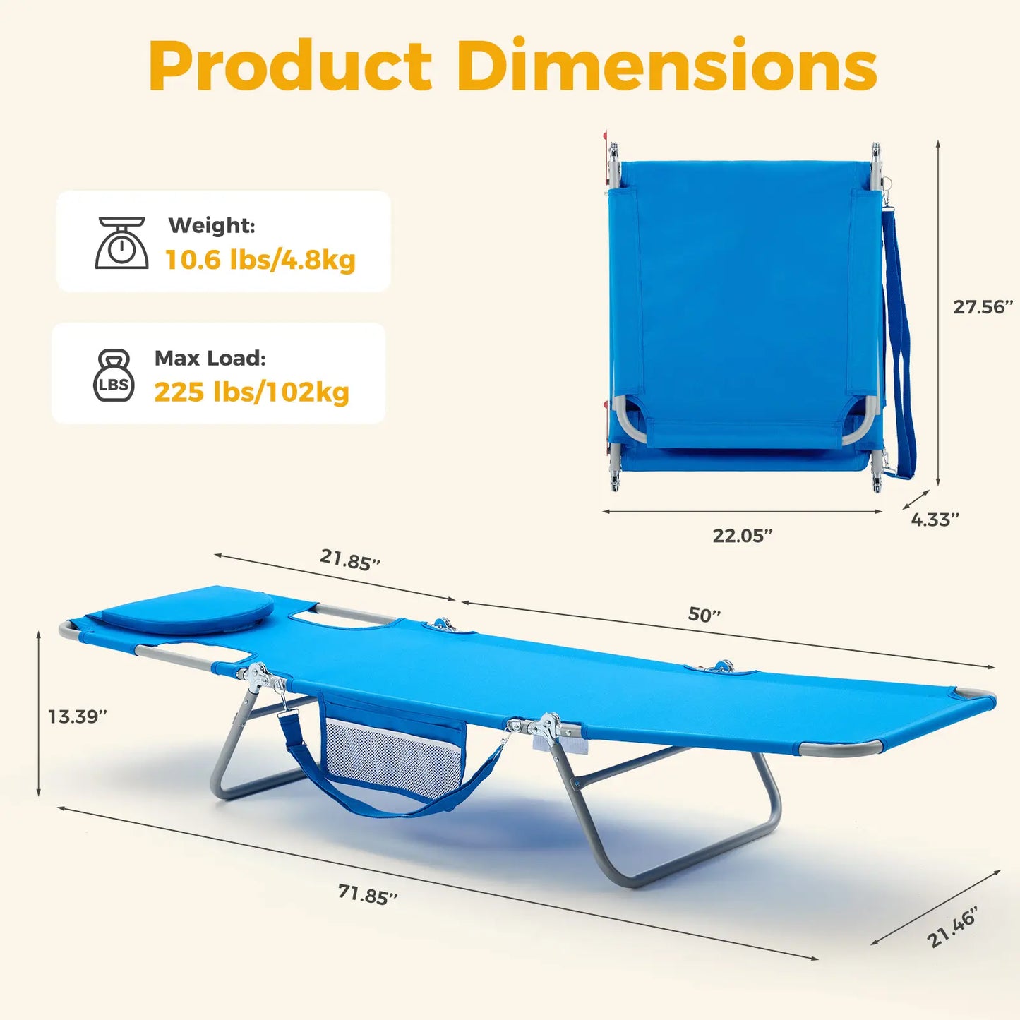 Portable Folding Chaise Lounge Chair with Adjustable Backrest & Carry Straps