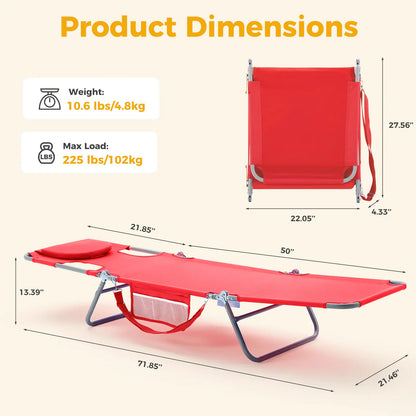 Portable Folding Chaise Lounge Chair with Adjustable Backrest & Carry Straps