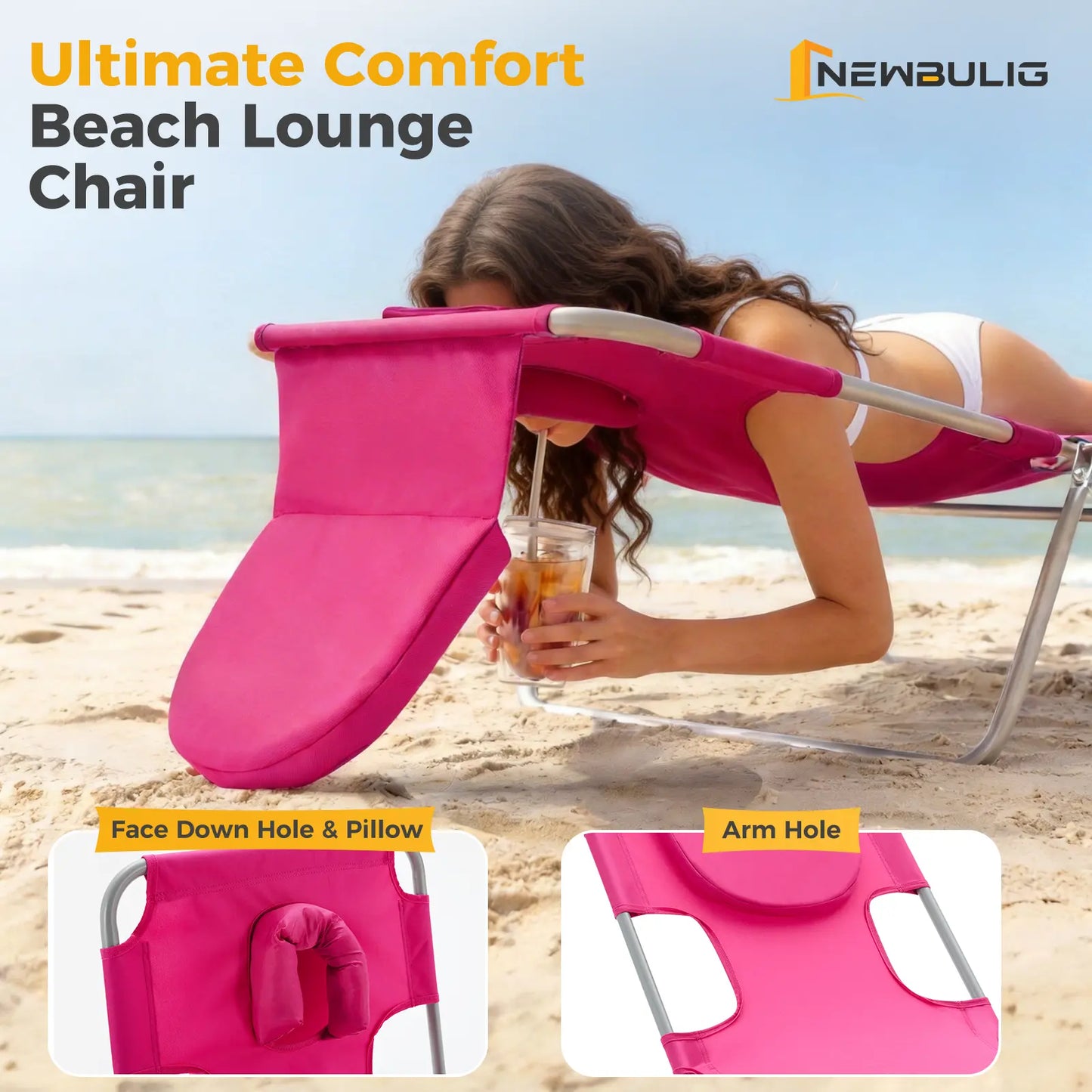 Portable Folding Chaise Lounge Chair with Adjustable Backrest & Carry Straps