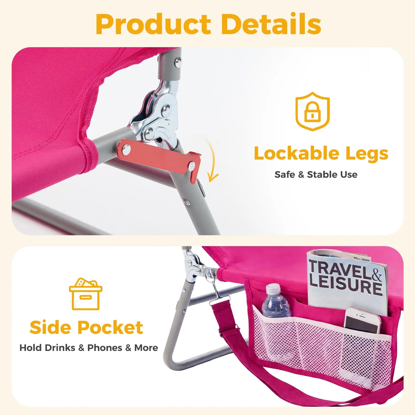 Portable Folding Chaise Lounge Chair with Adjustable Backrest & Carry Straps