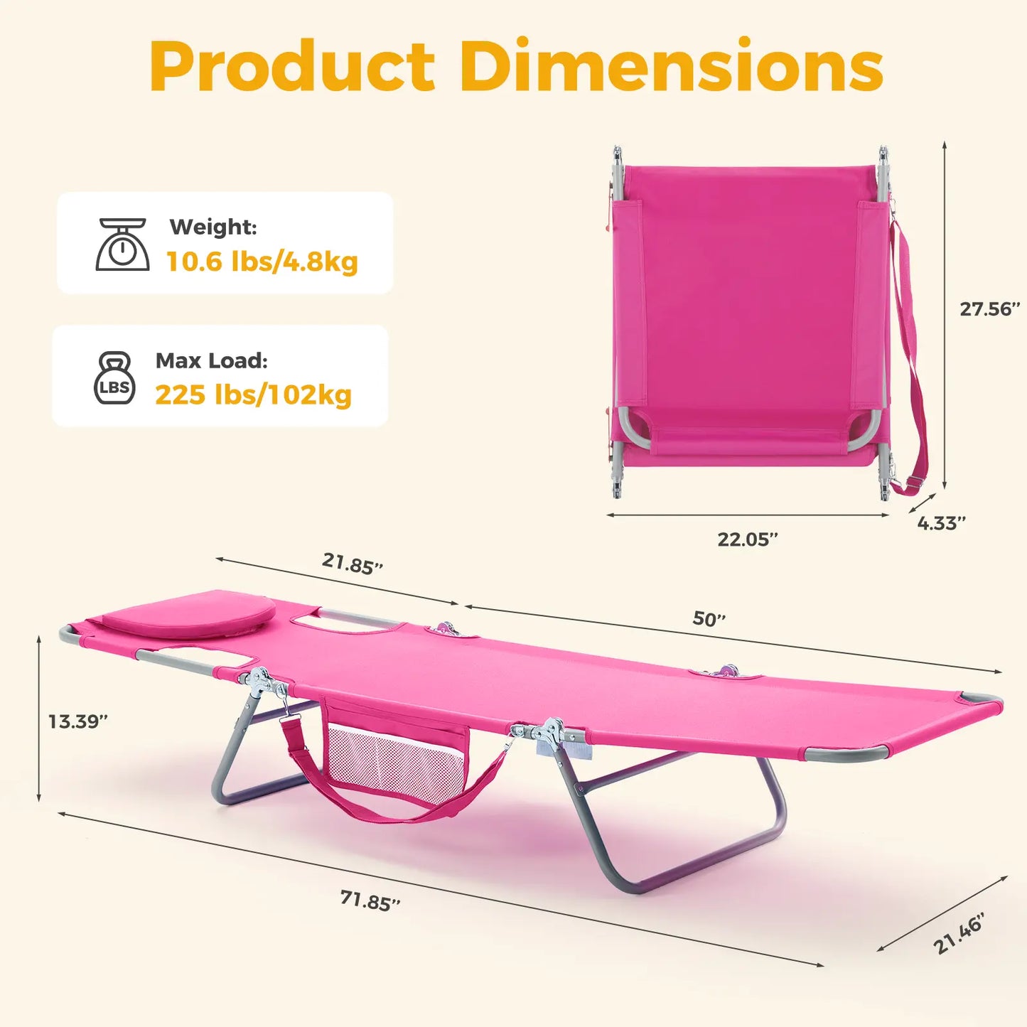 Portable Folding Chaise Lounge Chair with Adjustable Backrest & Carry Straps